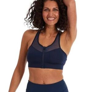 Handful Supportive Zip Clip Front Athletic Workout Running Navy Blue Sports Bra